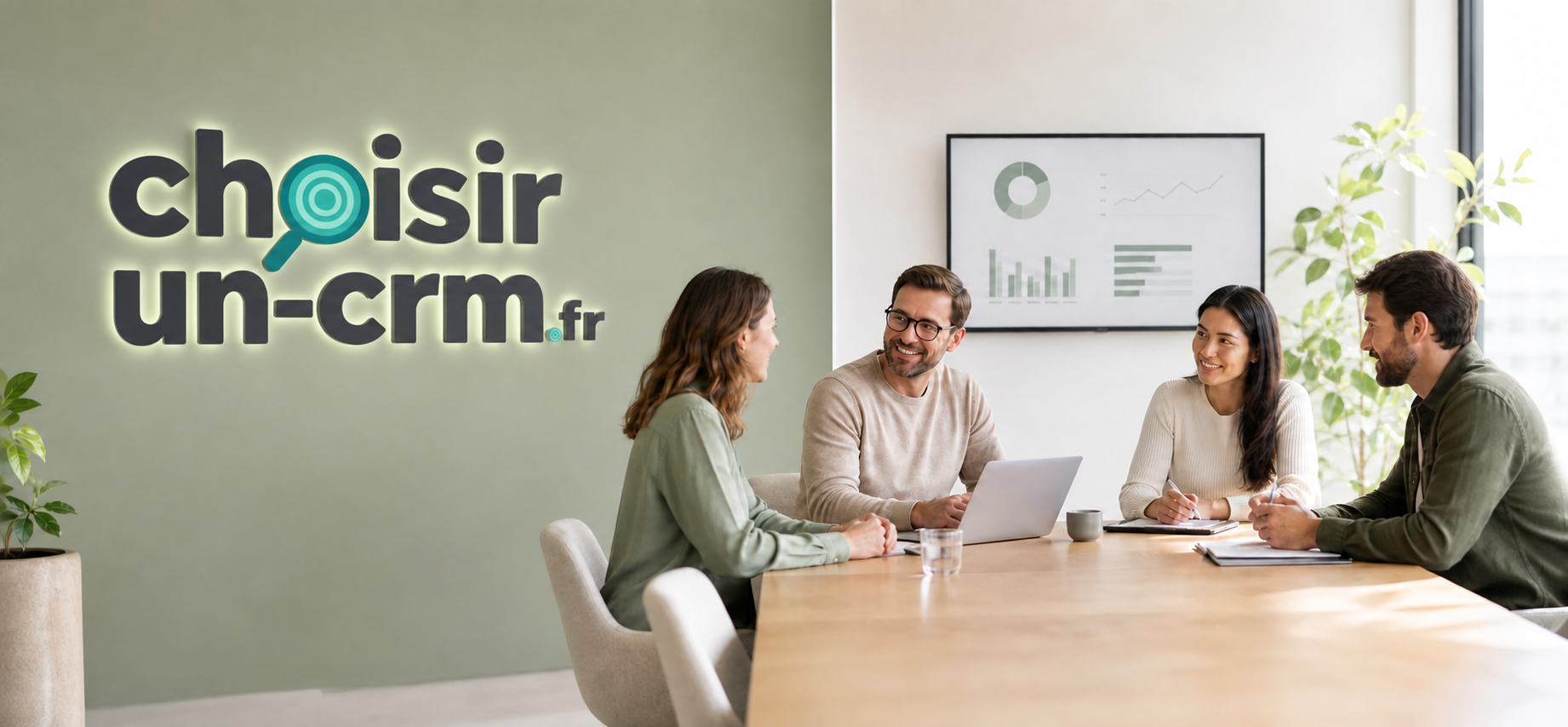 Four colleagues sit around a wooden conference table in a bright office, discussing ideas; the green wall features the 'choisir un-crm.fr' logo.